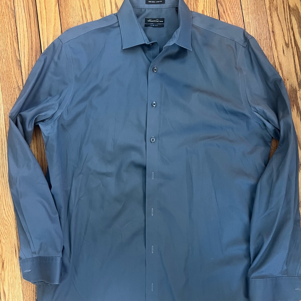 Kenneth Cole NY Slim fit Gray Striped Dress Shirt Non Iron Stretch